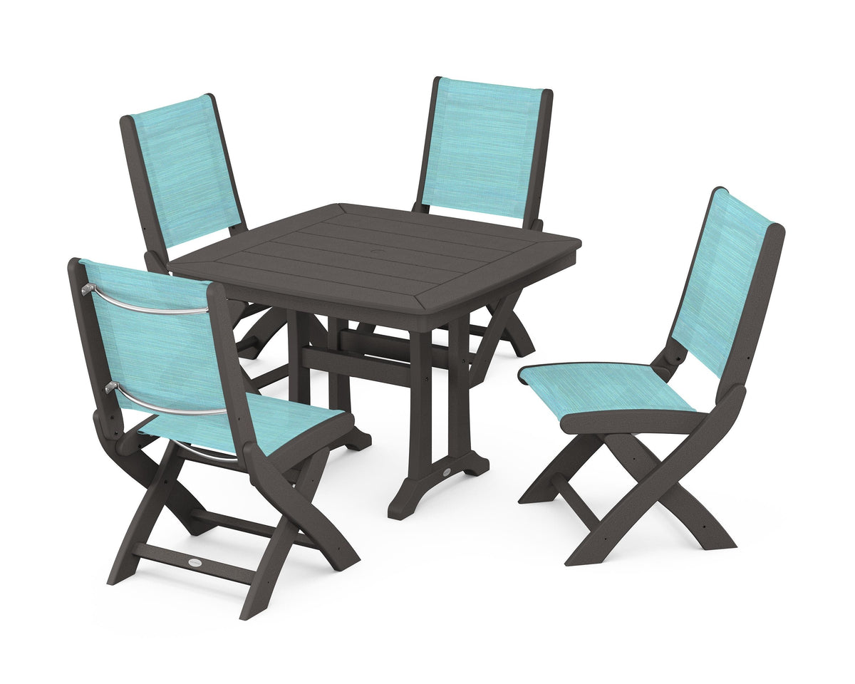 POLYWOOD Coastal Folding Side Chair 5-Piece Dining Set with Trestle Legs in Vintage Coffee / Dupioni Aquamarine