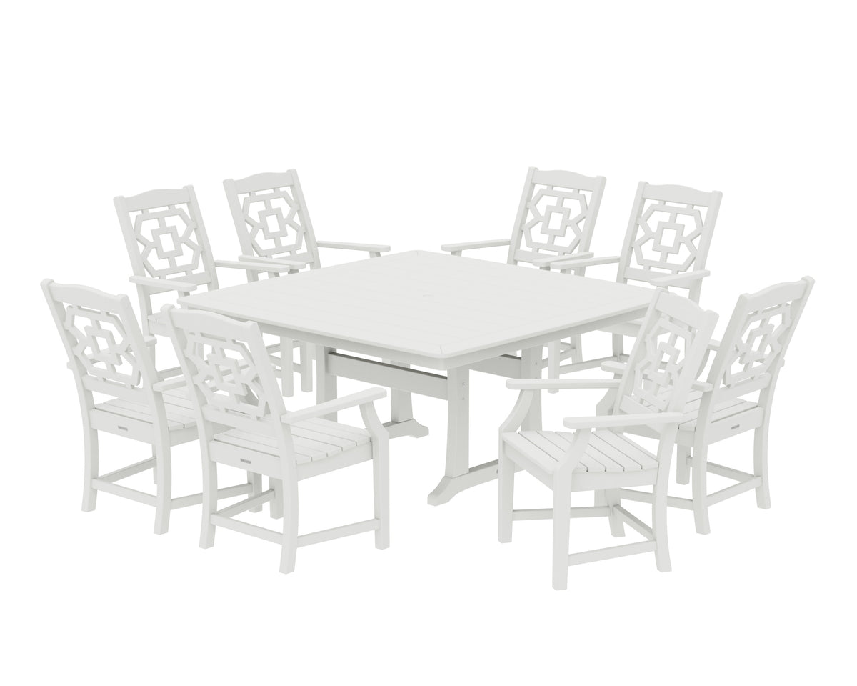 POLYWOOD Chinoiserie 9-Piece Square Dining Set with Trestle Legs in Vintage White