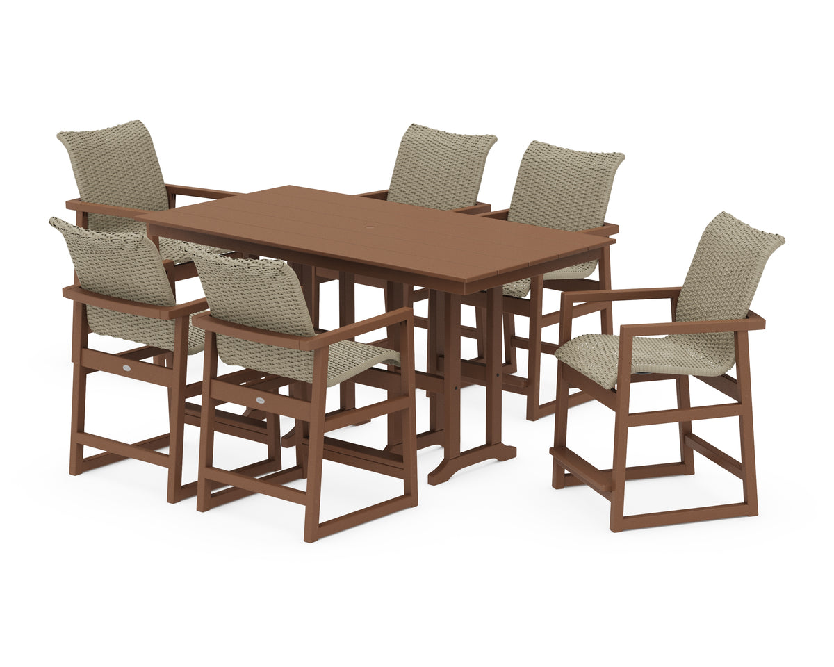 POLYWOOD EDGE Woven Arm Chair 7-Piece Farmhouse Counter Set in Teak / Dune Grass