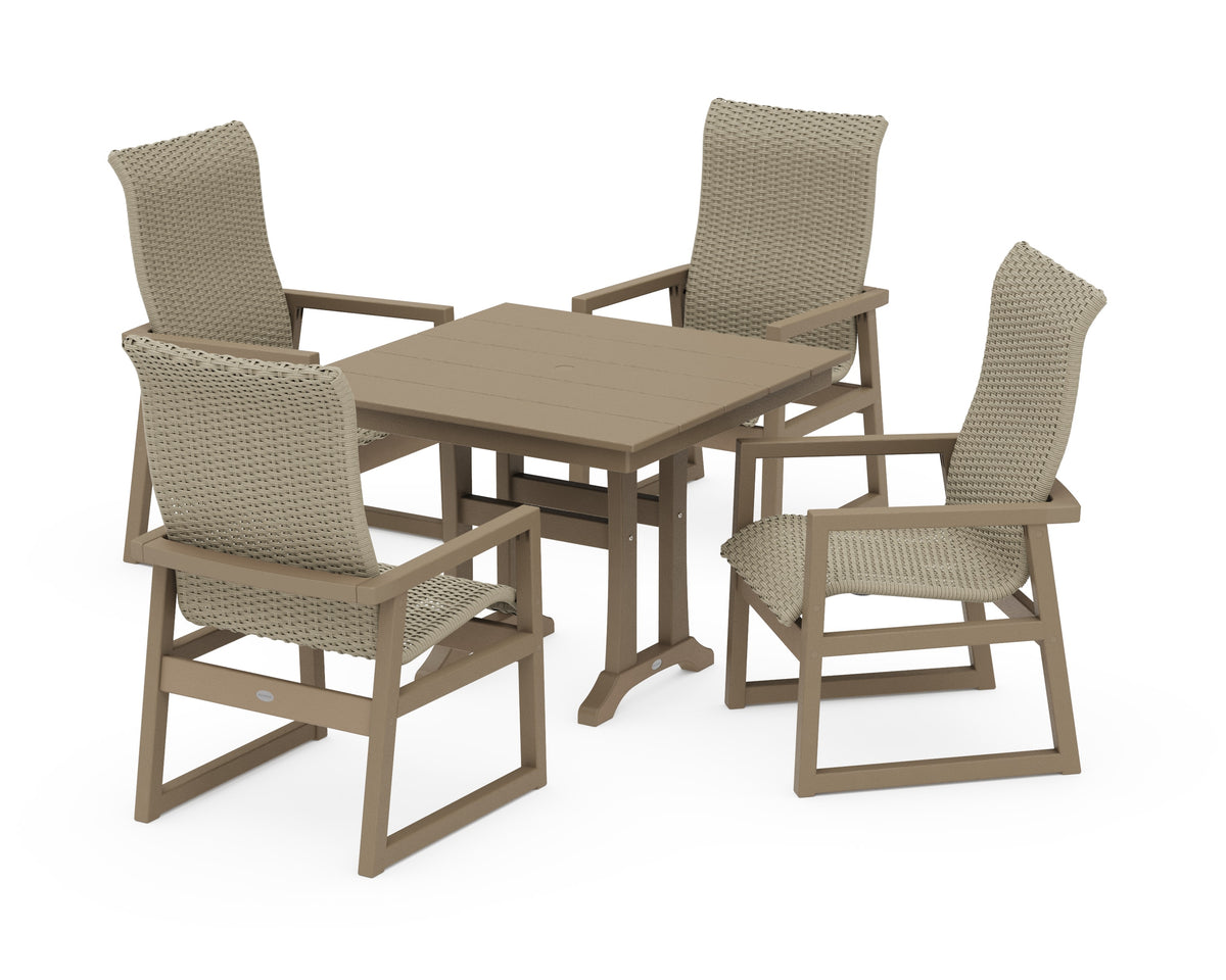 POLYWOOD EDGE Woven High-Back 5-Piece Farmhouse Dining Set with Trestle Legs in Vintage Sahara / Dune Grass