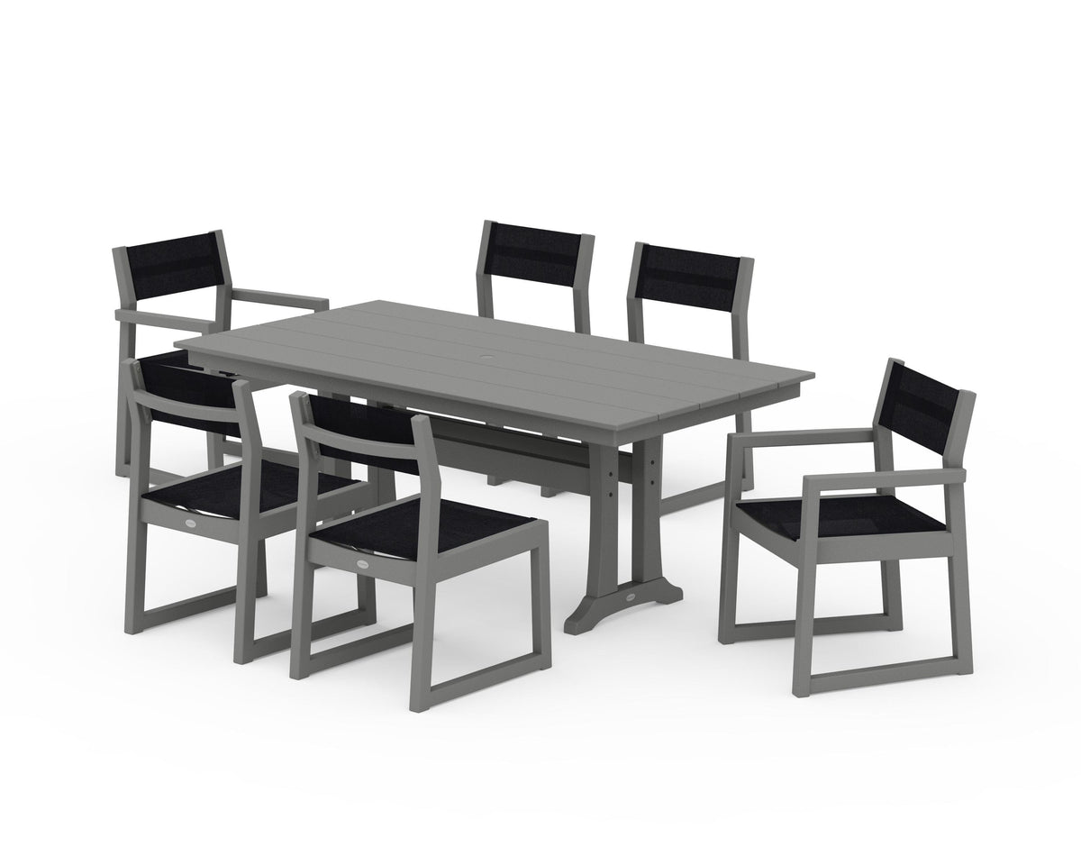 POLYWOOD EDGE Sling 7-Piece Farmhouse Trestle Dining Set in Slate Grey / Black