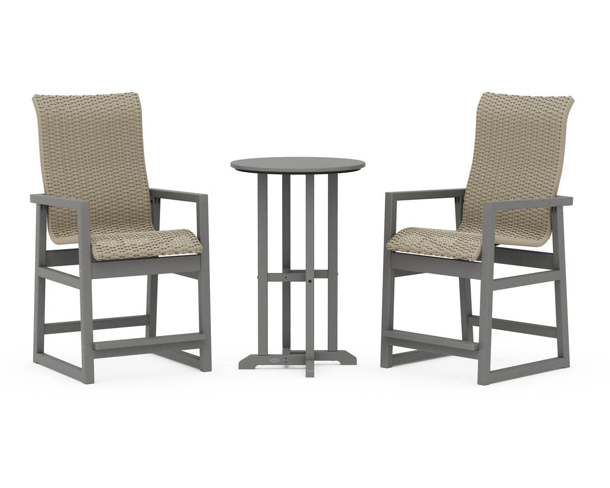 POLYWOOD EDGE Woven Highback 3-Piece Farmhouse Counter Set in Slate Grey / Dune Grass