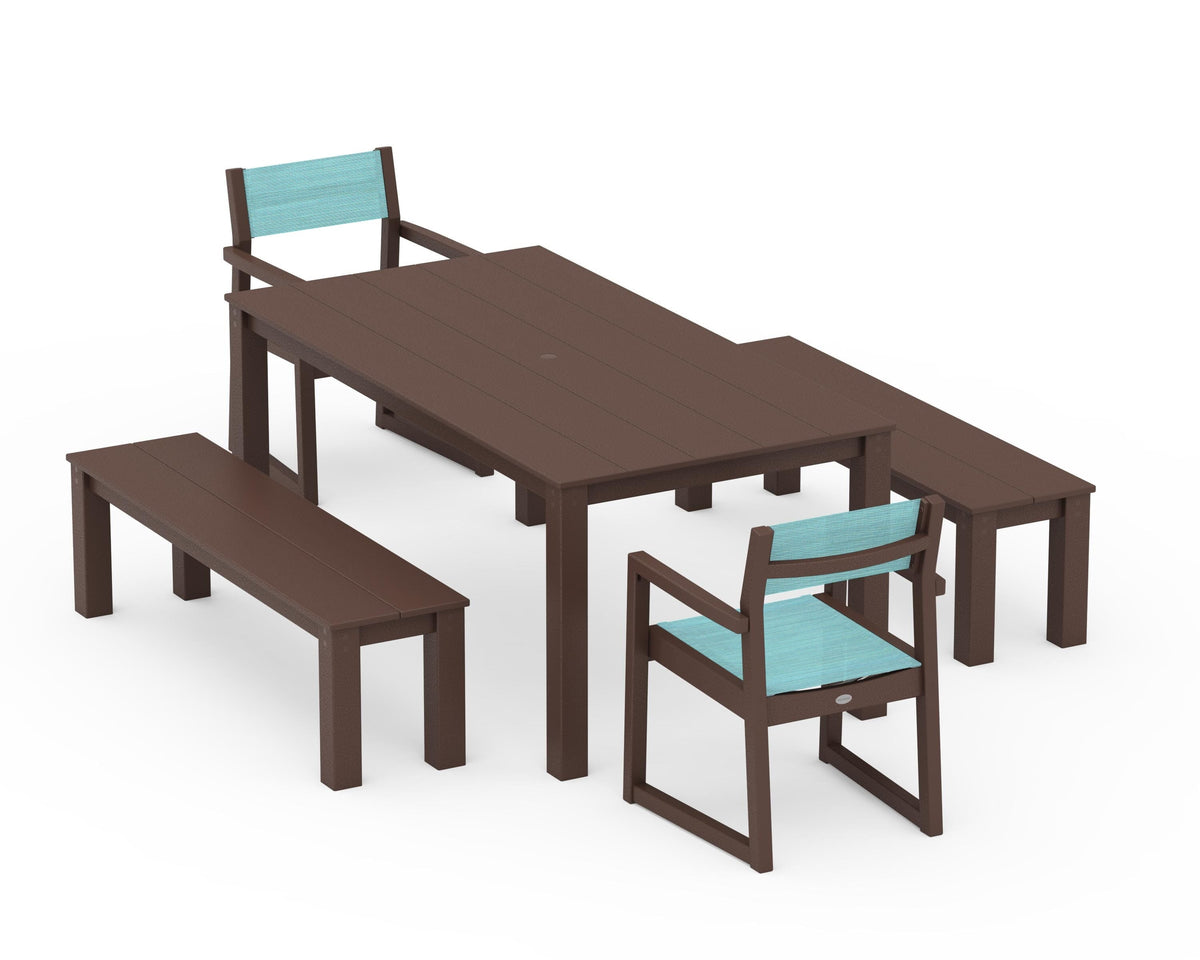 POLYWOOD EDGE Sling Arm Chair 5-Piece Parsons Dining Set with Benches in Mahogany / Dupioni Aquamarine