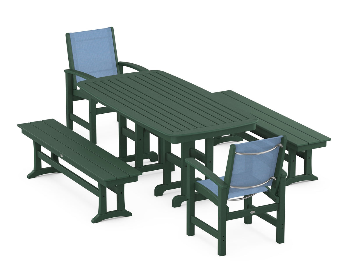 POLYWOOD Coastal 5-Piece Dining Set with Nautical 37" x 72" Dining Table in Green / Poolside