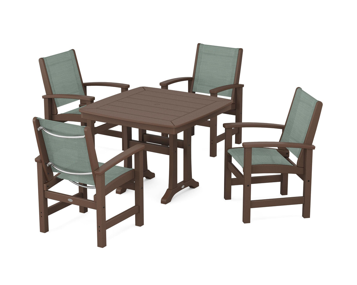 POLYWOOD Coastal 5-Piece Dining Set with Trestle Legs with Nautical Trestle 37" Dining Table in Mahogany / Dupioni Sea Mist
