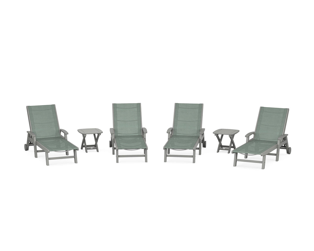 POLYWOOD Coastal Chaise 6-Piece Set with Wheels in Slate Grey / Dupioni Sea Mist