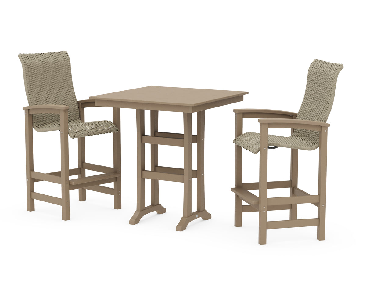 POLYWOOD Coastal Woven High-Back 3-Piece Farmhouse Bar Set with Trestle Legs in Vintage Sahara / Dune Grass
