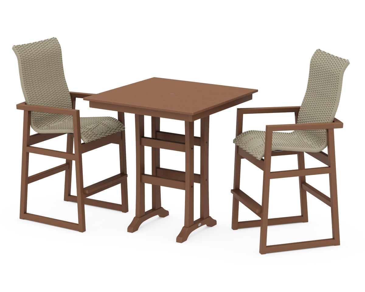 POLYWOOD EDGE Woven Highback 3-Piece Farmhouse Bar Set with Trestle Legs in Teak / Dune Grass