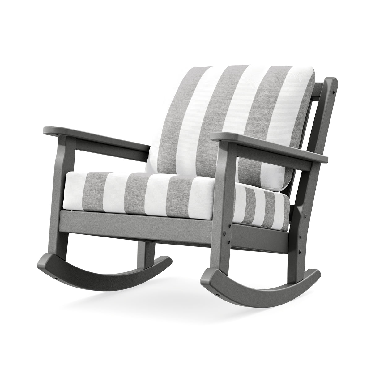 POLYWOOD Chippendale Deep Seating Rocking Chair in Slate Grey / Cabana Stripe Grey Mist