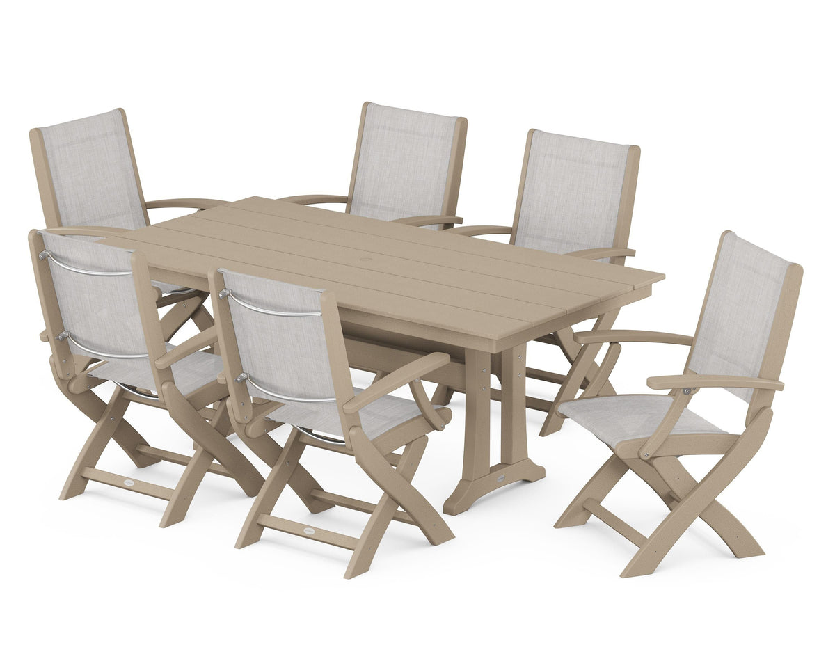 POLYWOOD Coastal Folding Arm Chair 7-Piece Farmhouse Dining Set with Trestle Legs in Vintage Sahara / Parchment