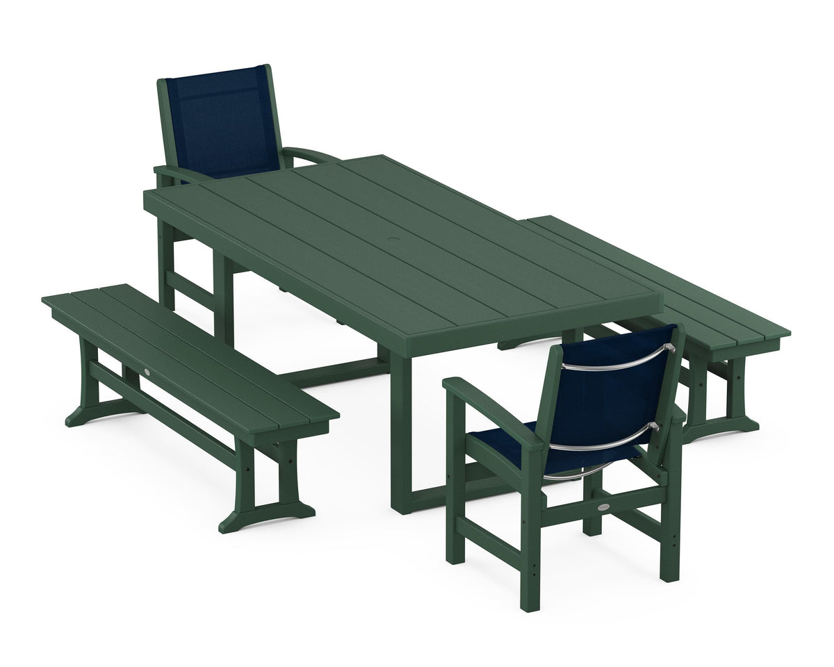 POLYWOOD Coastal 5-Piece Dining Set with Trestle Legs with EDGE 40" x 78" Dining Table in Green / Navy Blue