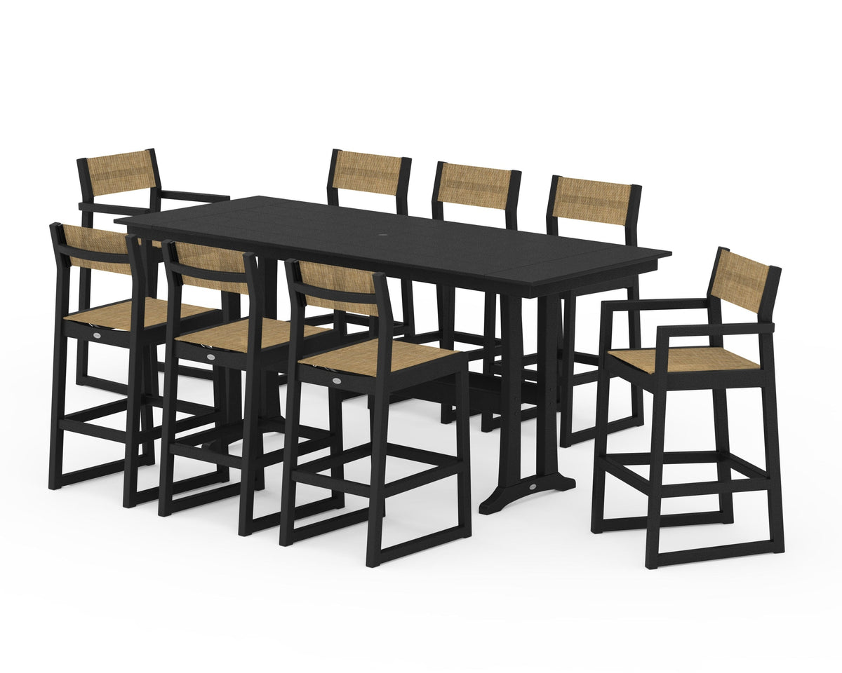 POLYWOOD EDGE Sling 9-Piece Farmhouse Bar Set with Trestle Legs in Black / Burlap