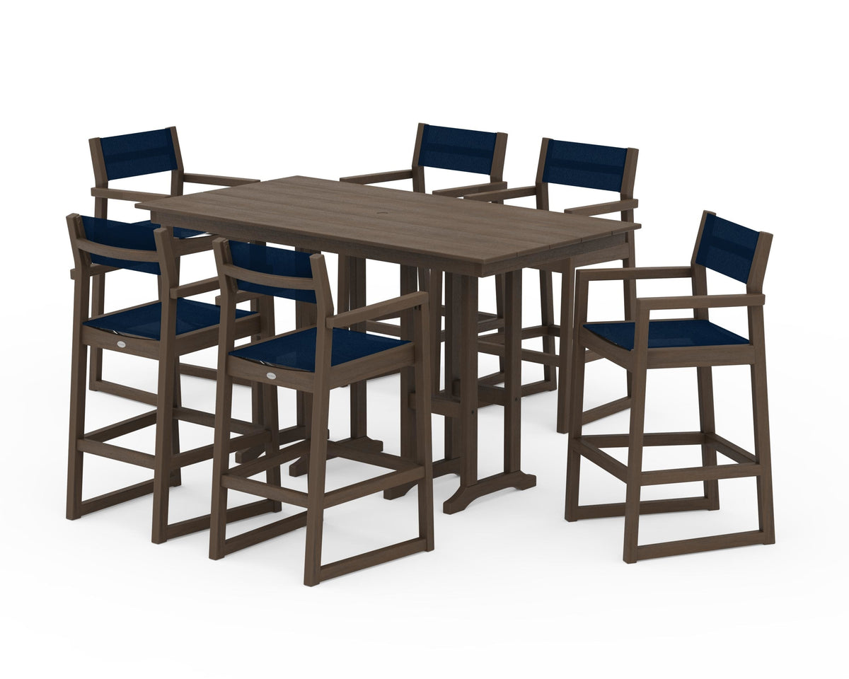 POLYWOOD EDGE Sling Arm Chair 7-Piece Farmhouse Bar Set in Kona / Navy Blue