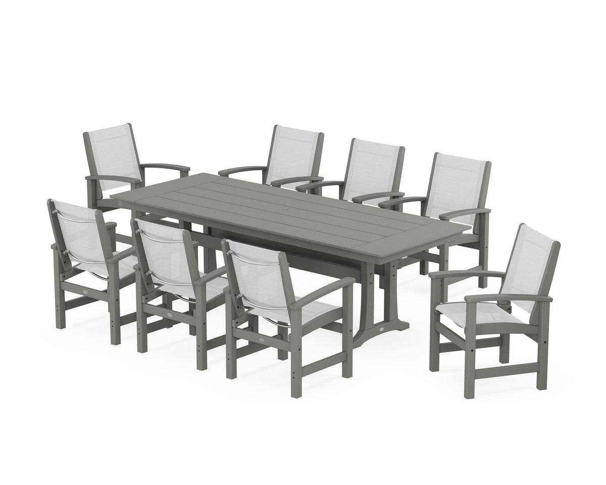 POLYWOOD Coastal 9-Piece Farmhouse Dining Set with Trestle Legs in Slate Grey / White