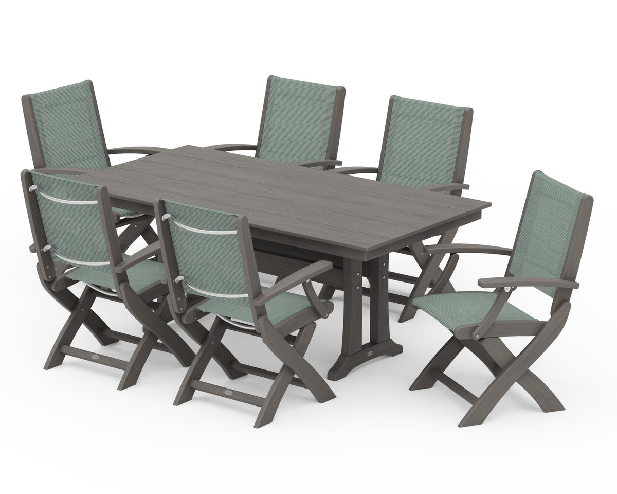 POLYWOOD Coastal Folding Arm Chair 7-Piece Farmhouse Dining Set with Trestle Legs in Driftwood / Dupioni Sea Mist