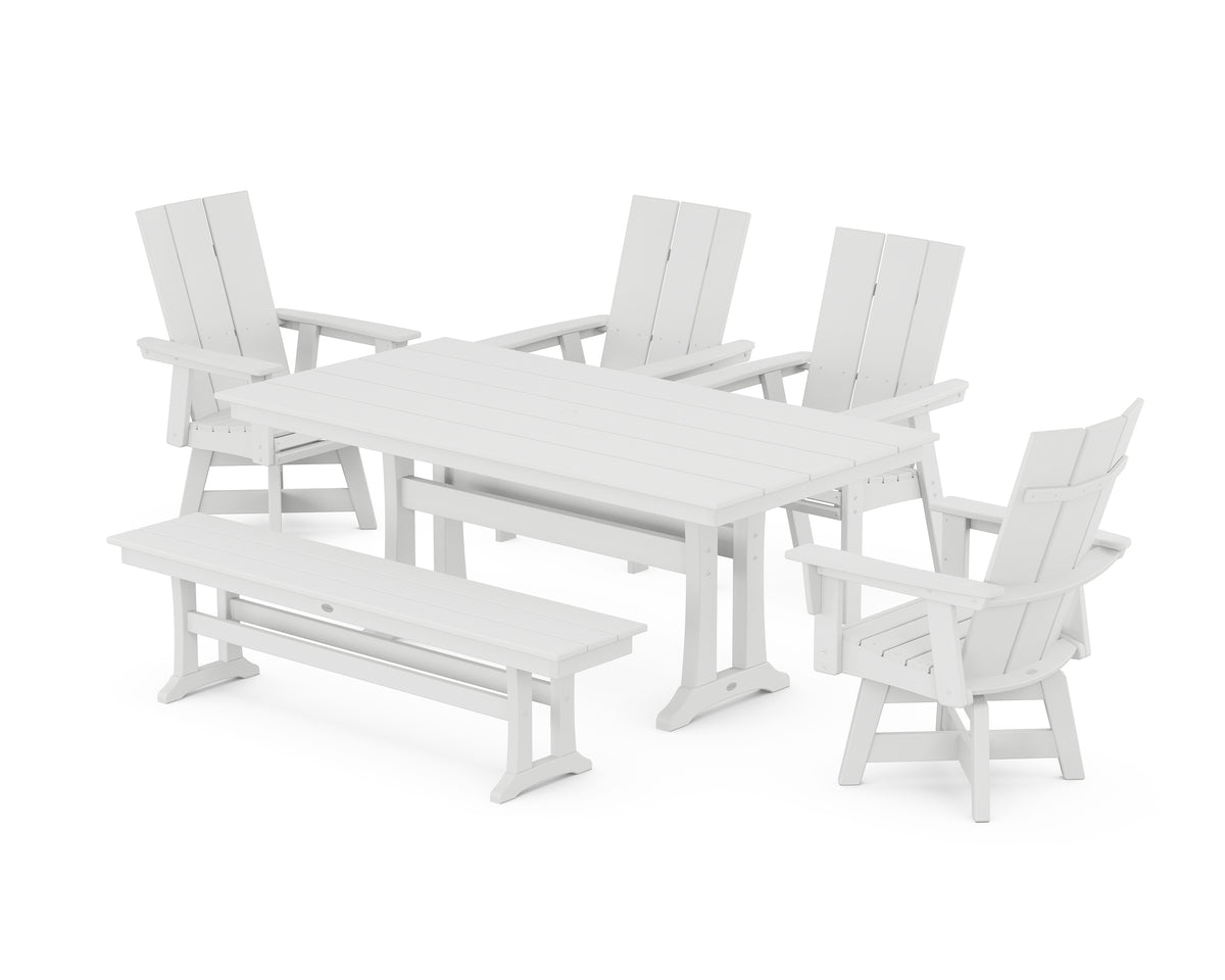 POLYWOOD Modern Curveback Adirondack Swivel Chair 6-Piece Farmhouse Dining Set with Trestle Legs and Bench in White