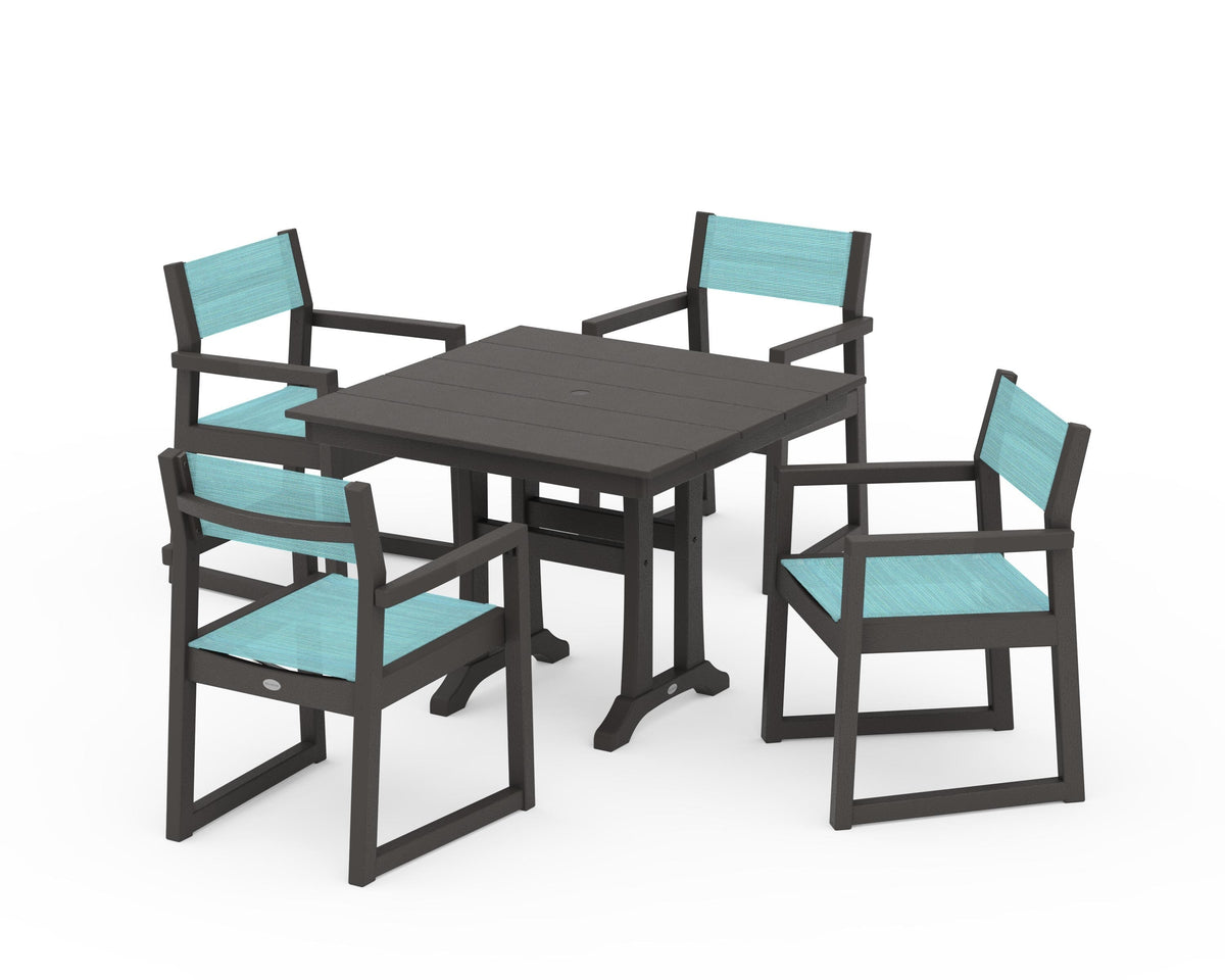 POLYWOOD EDGE Sling 5-Piece Farmhouse Dining Set with Trestle Legs in Vintage Coffee / Dupioni Aquamarine