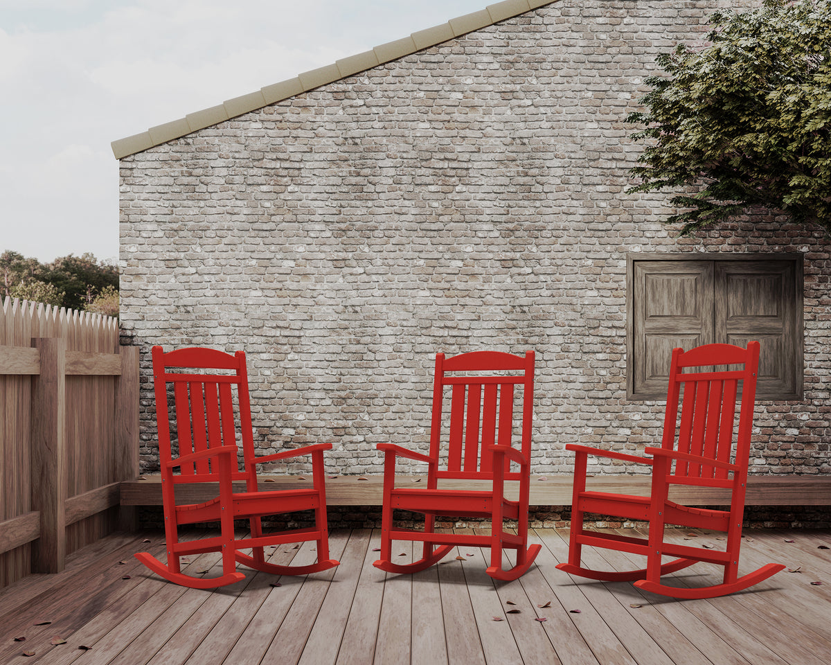POLYWOOD Presidential Rocking Chair in Sunset Red styled outdoors