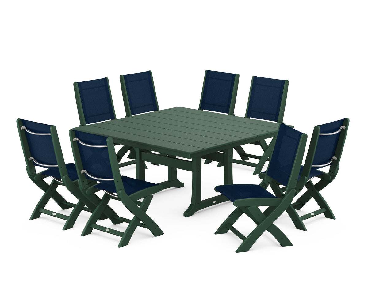 POLYWOOD Coastal Folding Side Chair 9-Piece Farmhouse Dining Set in Green / Navy Blue