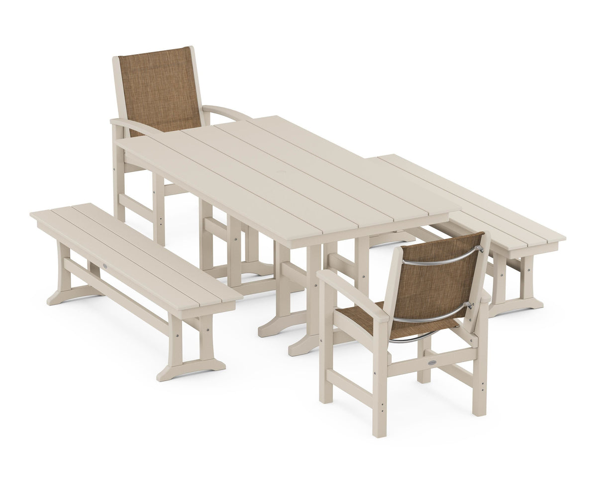 POLYWOOD Coastal 5-Piece Farmhouse Dining Set with Farmhouse 37" x 72" Dining Table in Sand / Burlap