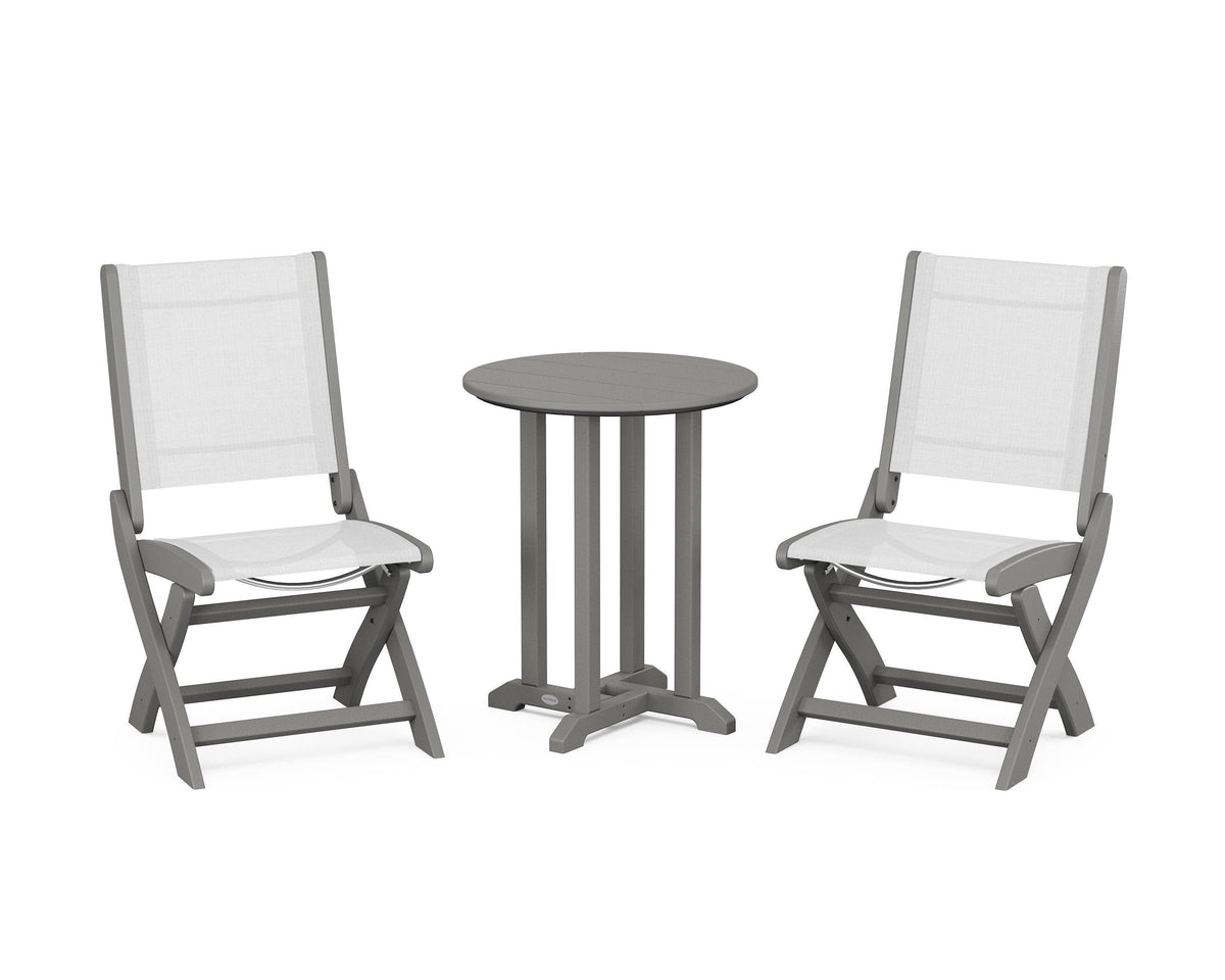 POLYWOOD Coastal Folding Side Chair 3-Piece Round Bistro Dining Set in Slate Grey / White