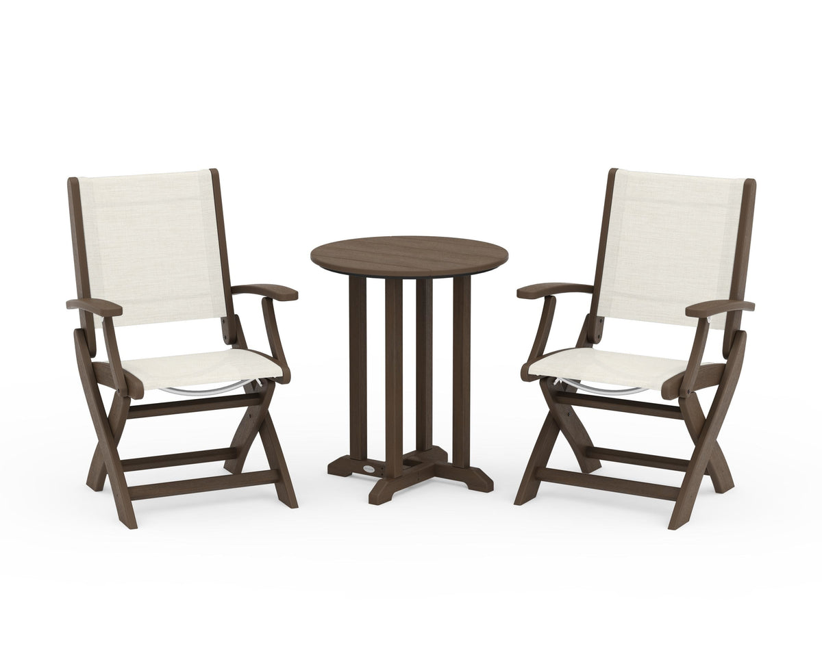 POLYWOOD Coastal Folding 3-Piece Round Bistro Dining Set in Kona / Parchment