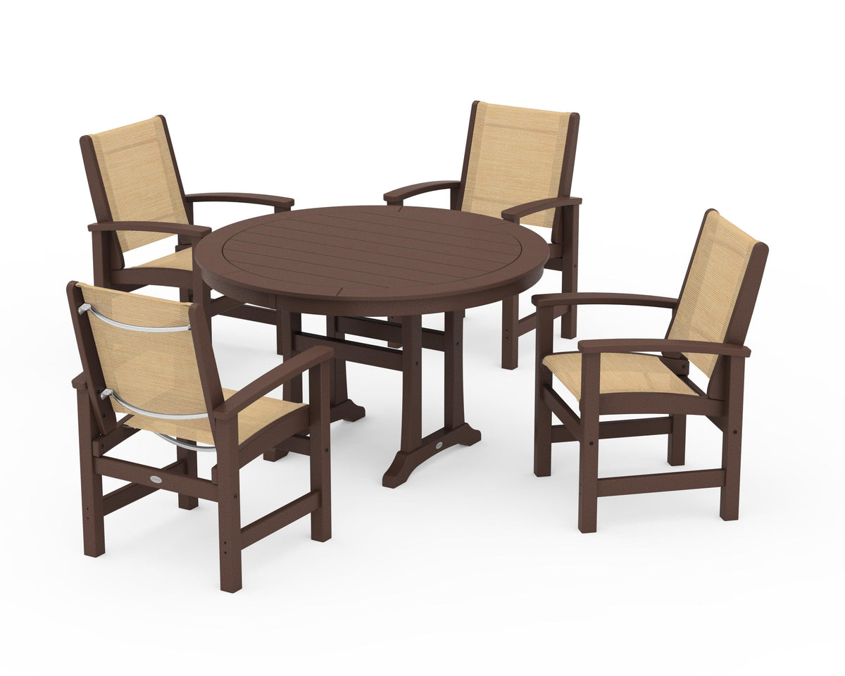 POLYWOOD Coastal 5-Piece Round Dining Set with Trestle Legs in Mahogany / Dupioni Apricot