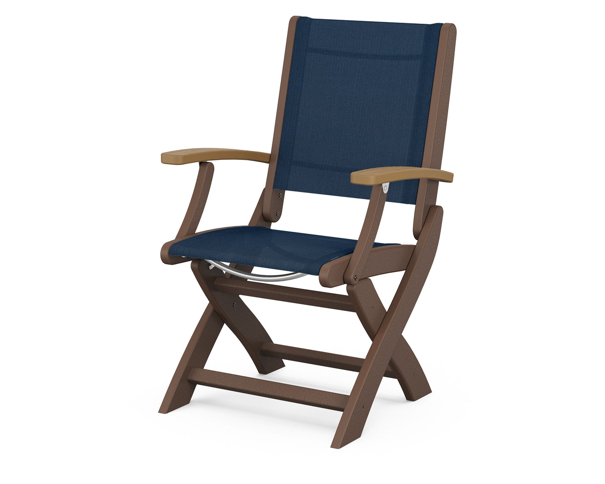 POLYWOOD Coastal Folding Chair in Mahogany with Natural arms and Navy Blue sling
