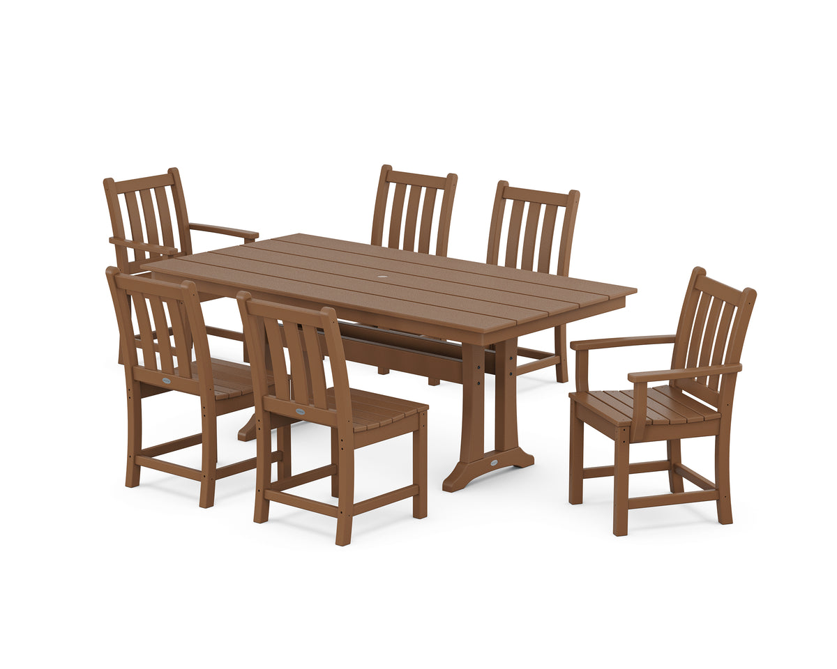 POLYWOOD Traditional Garden 7-Piece Farmhouse Dining Set with Trestle Legs in Teak