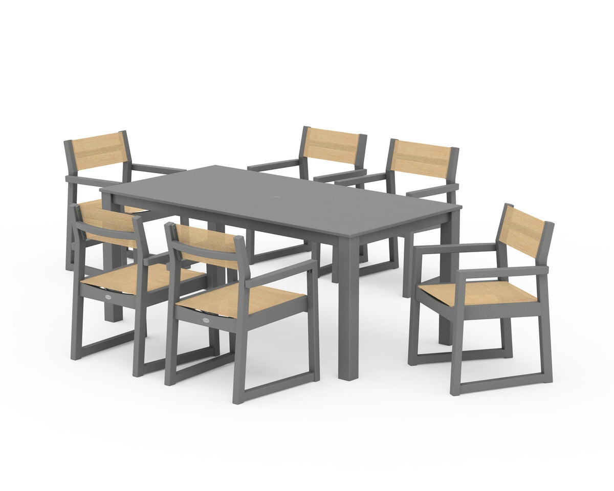 POLYWOOD EDGE Sling Arm Chair 7-Piece Parsons Dining Set in Slate Grey / Dupioni Apricot