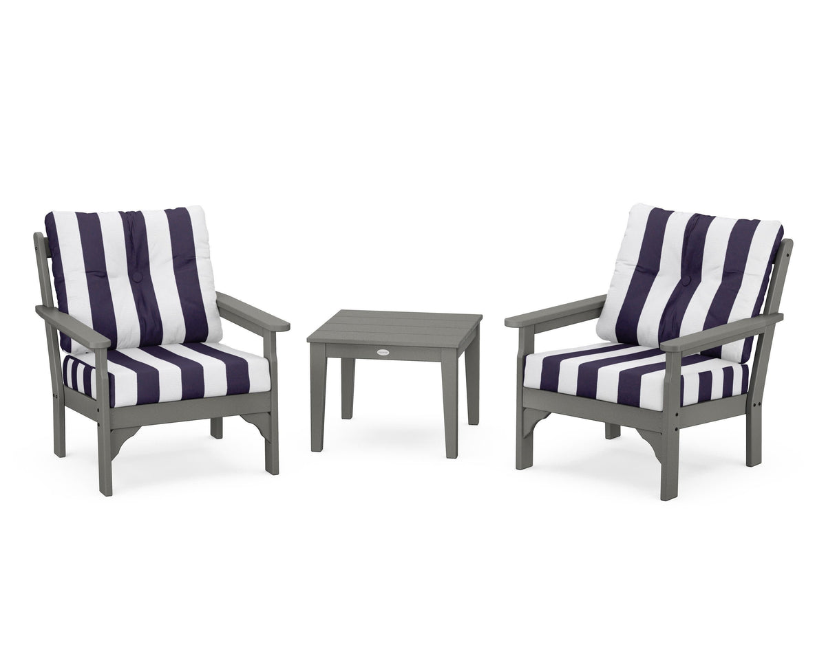 POLYWOOD Vineyard 3-Piece Deep Seating Set in Slate Grey / Cabana Stripe Navy