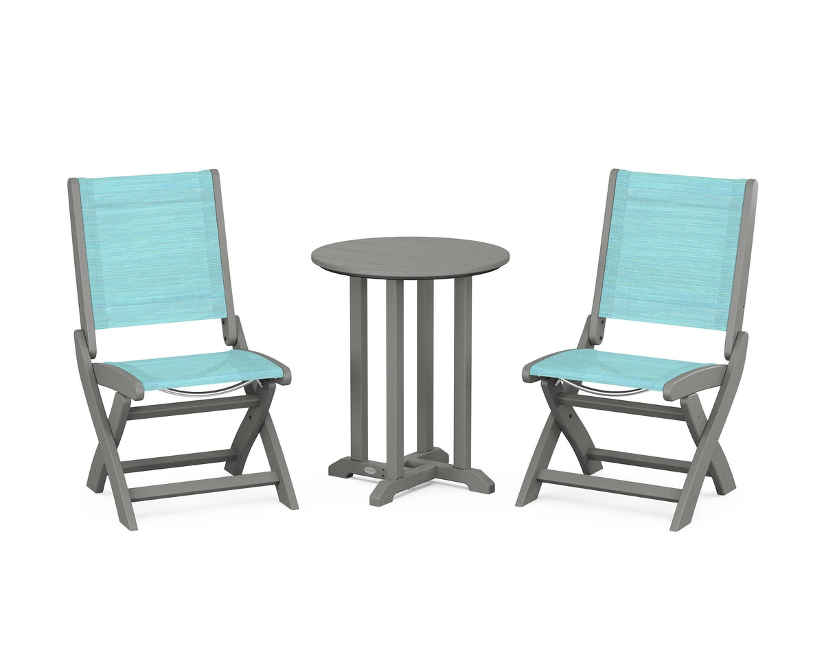 POLYWOOD Coastal Folding Side Chair 3-Piece Round Bistro Dining Set in Slate Grey / Dupioni Aquamarine