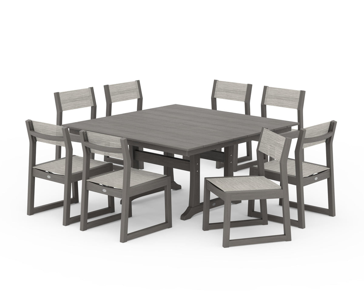 POLYWOOD EDGE Sling Side Chair 9-Piece Farmhouse Trestle Dining Set in Driftwood / Birch