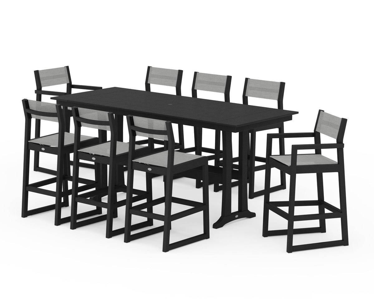 POLYWOOD EDGE Sling 9-Piece Farmhouse Bar Set with Trestle Legs in Black / Metallic