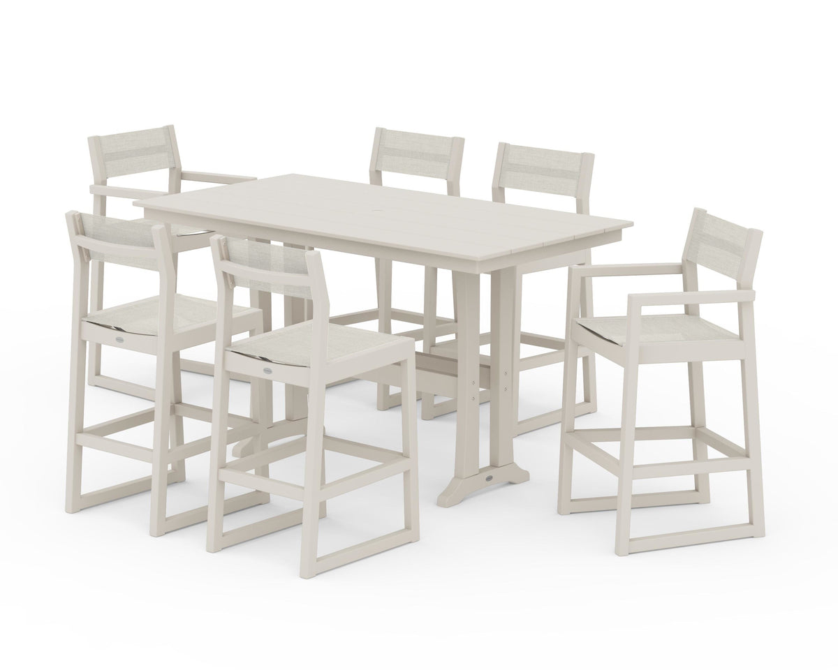 POLYWOOD EDGE Sling 7-Piece Farmhouse Bar Set with Trestle Legs in Sand / Parchment