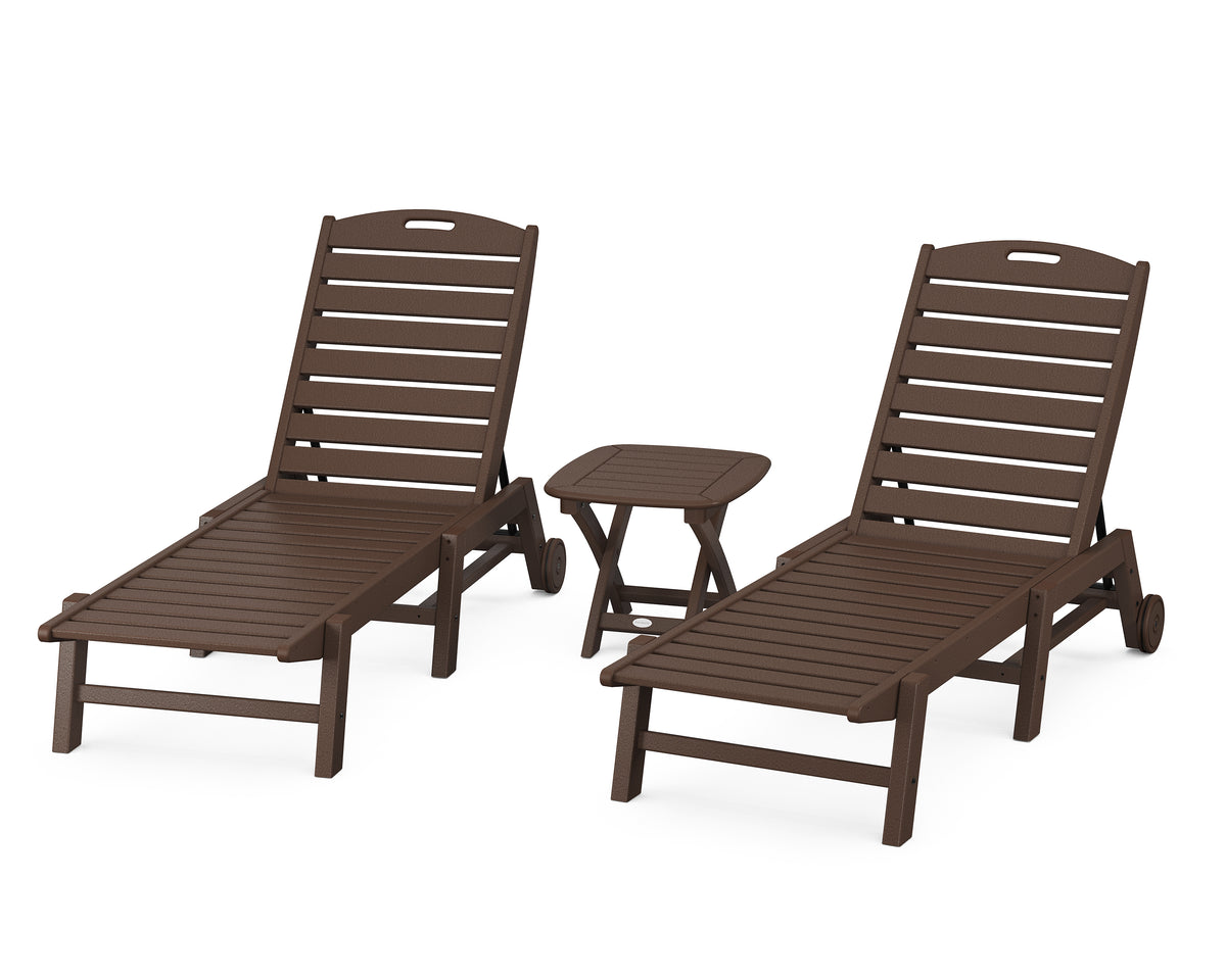 POLYWOOD Nautical 3-Piece Wheeled Chaise Set with Nautical Side Table in Mahogany