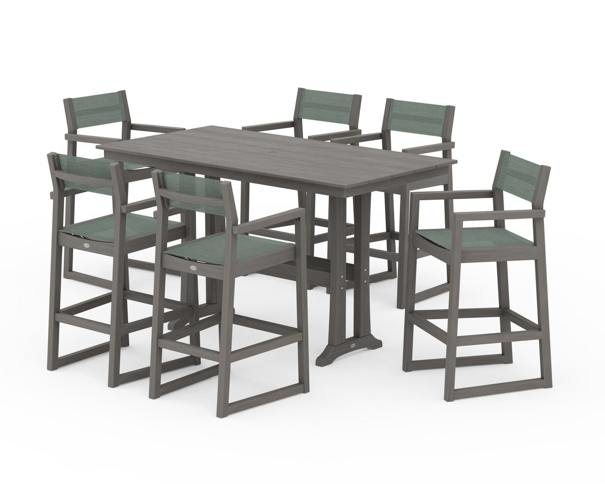 POLYWOOD EDGE Sling Arm Chair 7-Piece Farmhouse Bar Set with Trestle Legs in Driftwood / Dupioni Sea Mist
