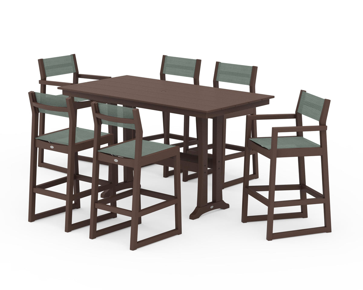 POLYWOOD EDGE Sling 7-Piece Farmhouse Bar Set with Trestle Legs in Mahogany / Dupioni Sea Mist