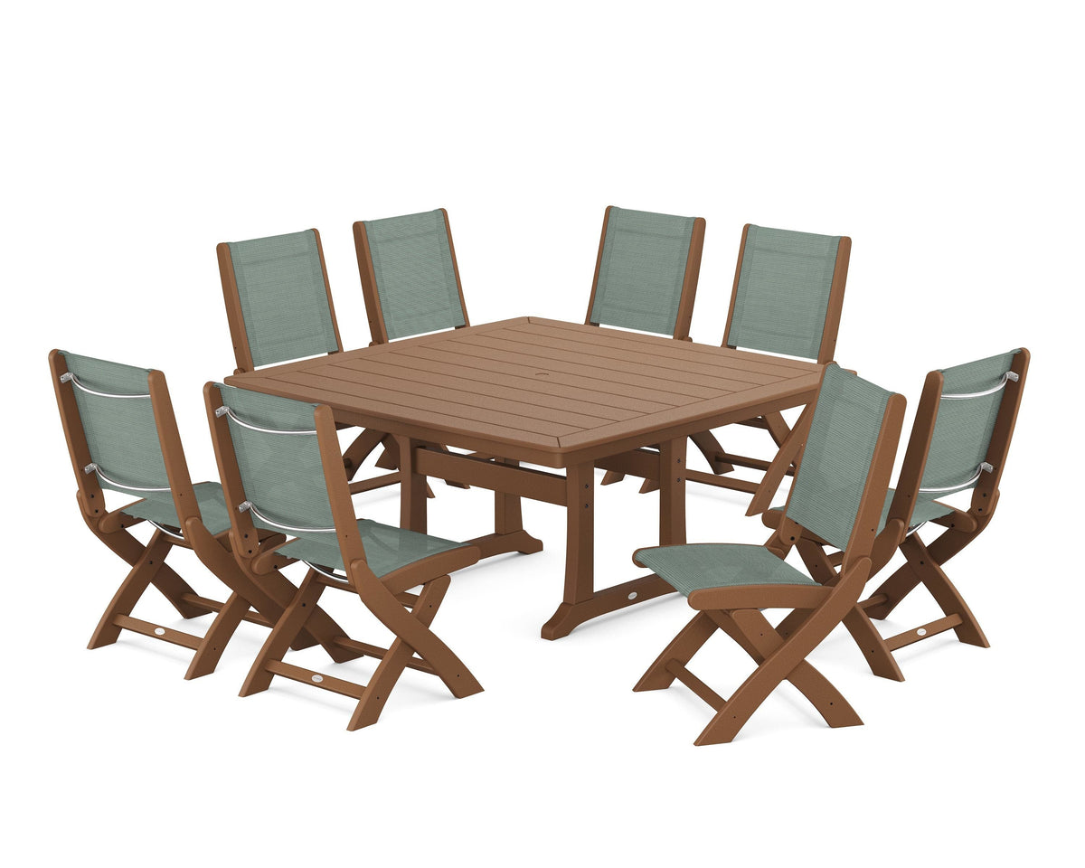 POLYWOOD Coastal Folding Side Chair 9-Piece Dining Set with Trestle Legs in Teak / Dupioni Sea Mist