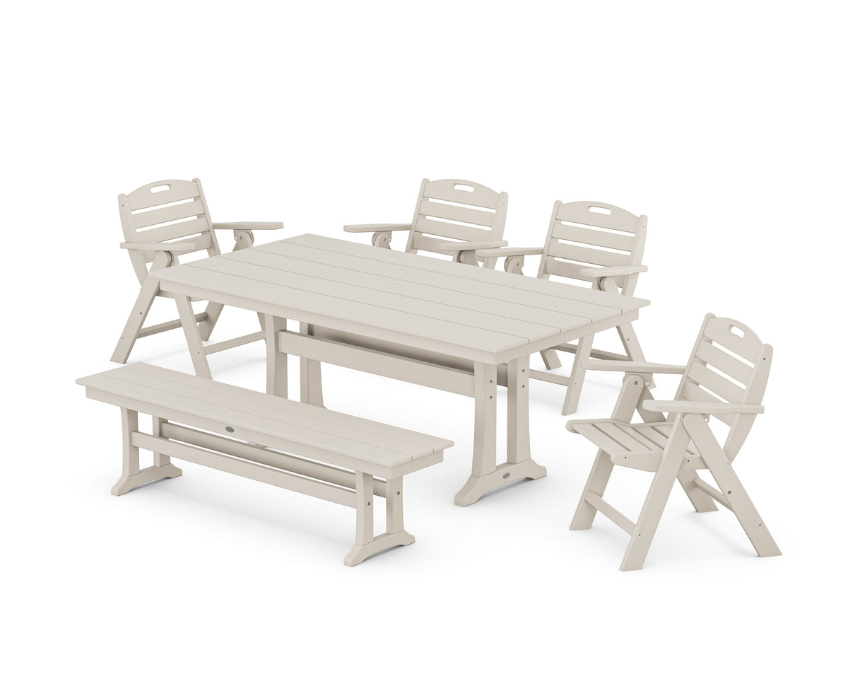 POLYWOOD Nautical Lowback 6-Piece Farmhouse Dining Set with Trestle Legs and Bench in Sand