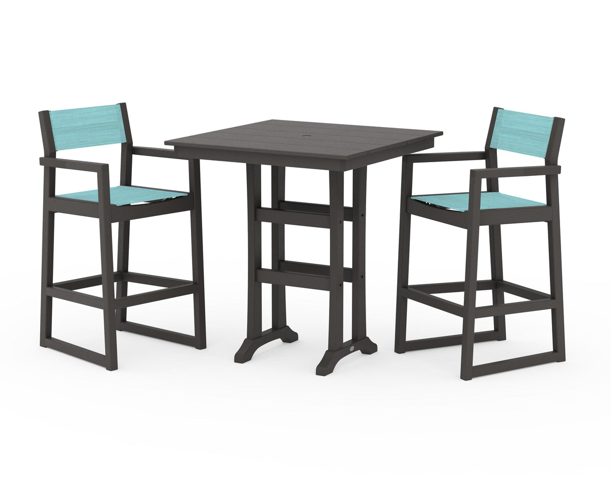 POLYWOOD EDGE Sling Arm Chair 3-Piece Farmhouse Bar Set with Trestle Legs in Vintage Coffee / Dupioni Aquamarine