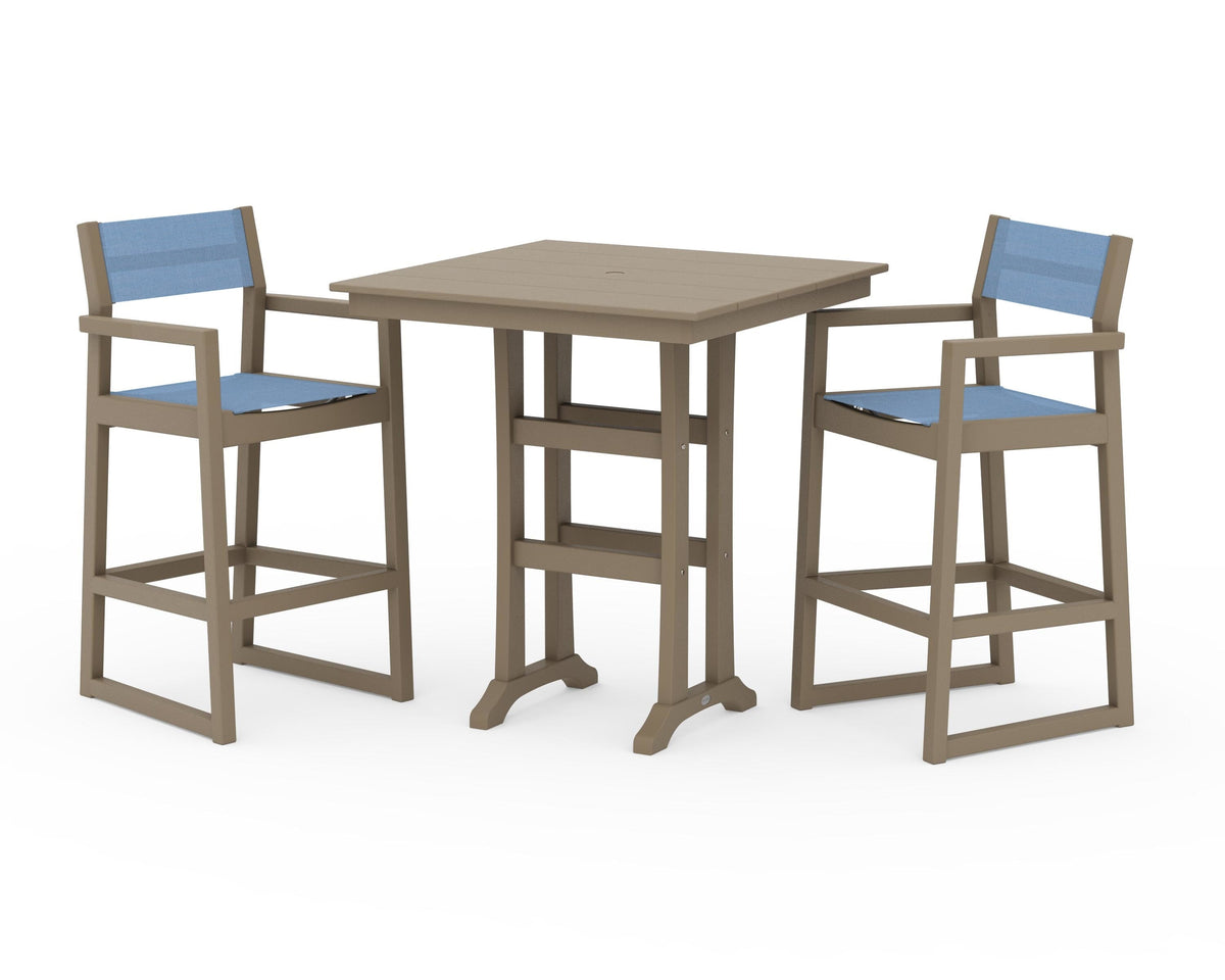 POLYWOOD EDGE Sling Arm Chair 3-Piece Farmhouse Bar Set with Trestle Legs in Vintage Sahara / Poolside