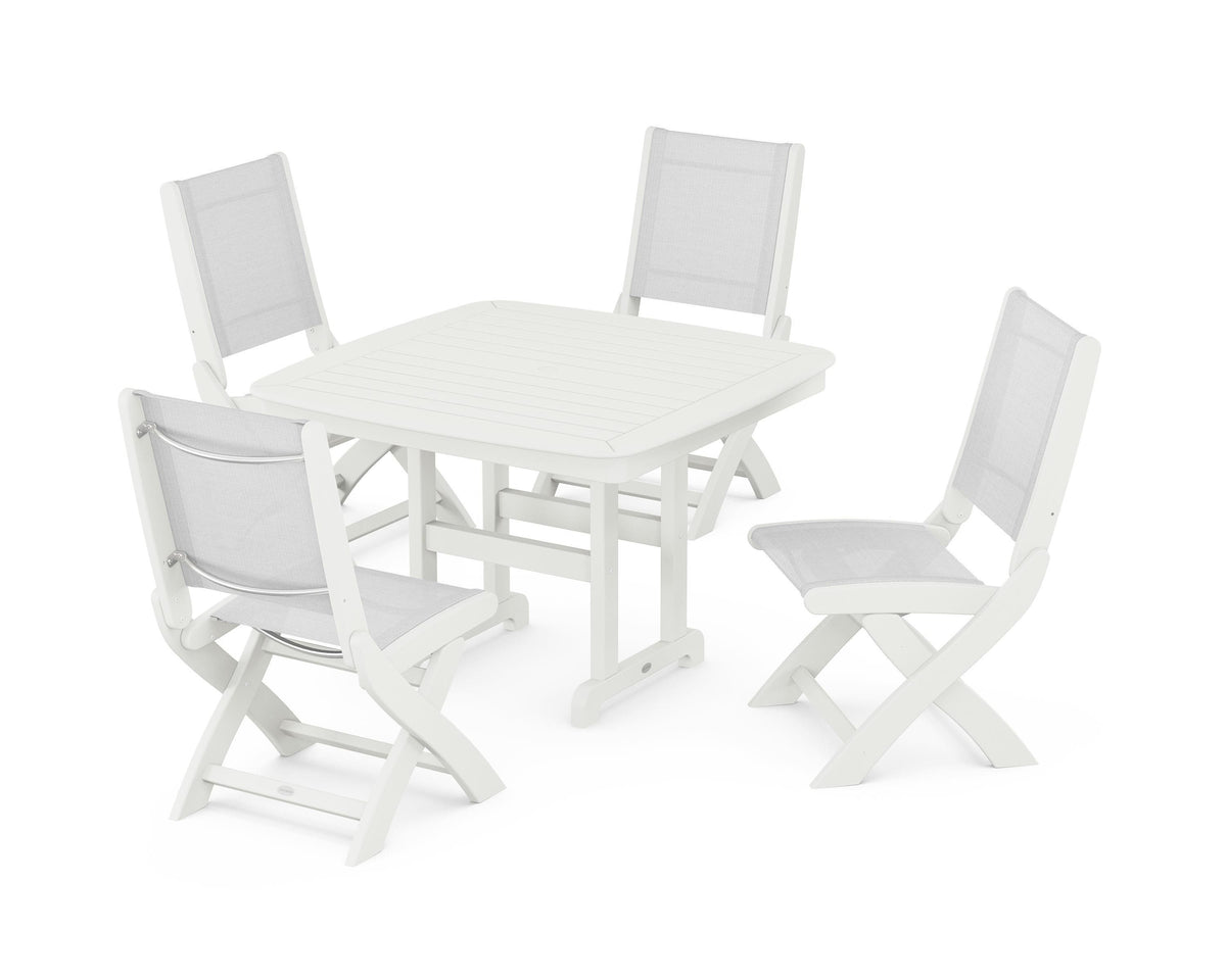 POLYWOOD Coastal Folding Side Chair 5-Piece Dining Set with Nautical 44" Dining Table in Vintage White / White