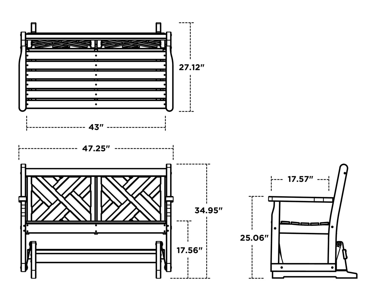 POLYWOOD Chippendale 48" Glider dimension drawing with width, depth and height measurements