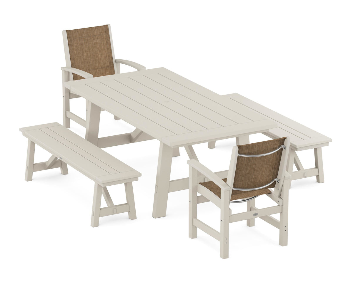 POLYWOOD Coastal 5-Piece Rustic Farmhouse Dining Set With Benches in Sand / Burlap