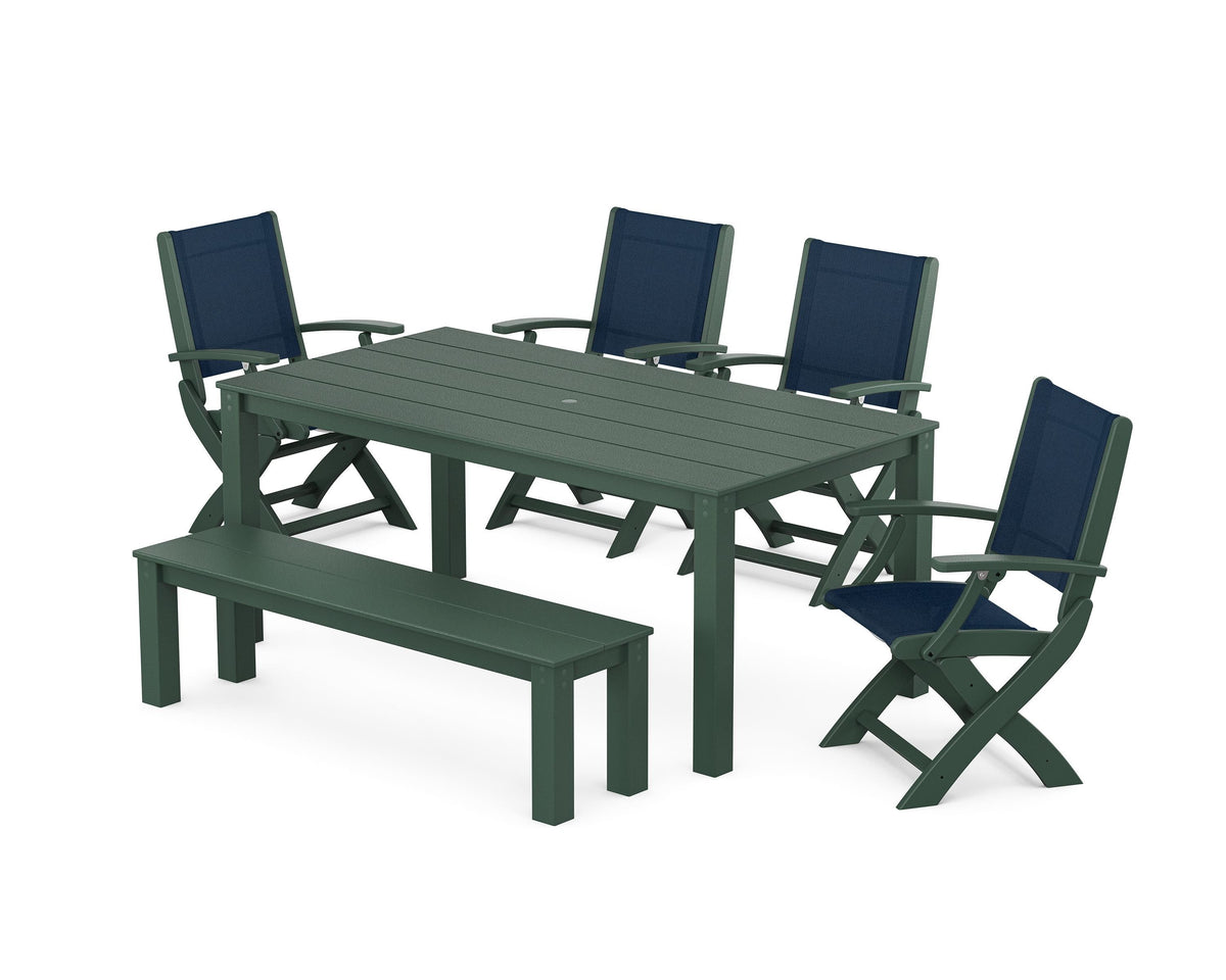 POLYWOOD Coastal Folding Chair 6-Piece Parsons Dining Set with Bench in Green / Navy Blue