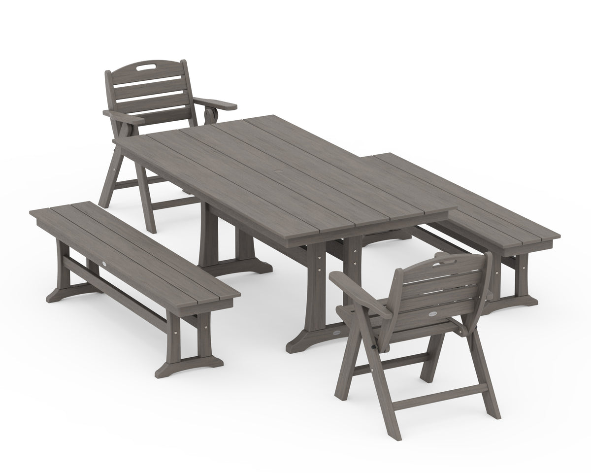 POLYWOOD Nautical Folding Lowback Chair 5-Piece Farmhouse Dining Set with Trestle Legs - 37" x 72" Table in Driftwood