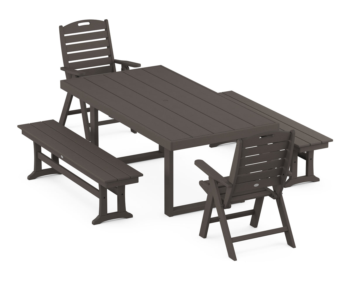 POLYWOOD Nautical Folding Highback 5-Piece Dining Set with Trestle Legs in Vintage Coffee
