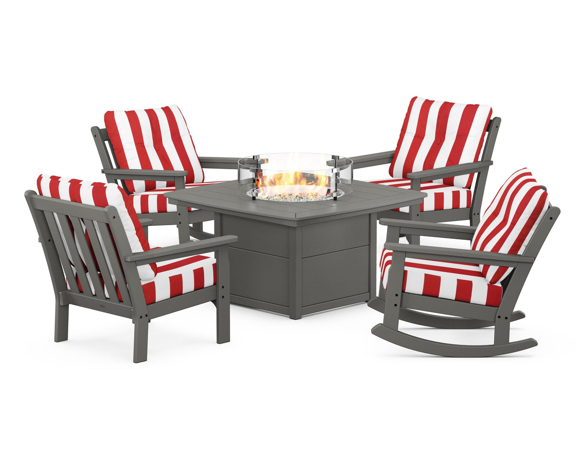 POLYWOOD Vineyard 5-Piece Deep Seating Rocking Chair Conversation Set with Fire Pit Table in Slate Grey / Cabana Stripe Crimson