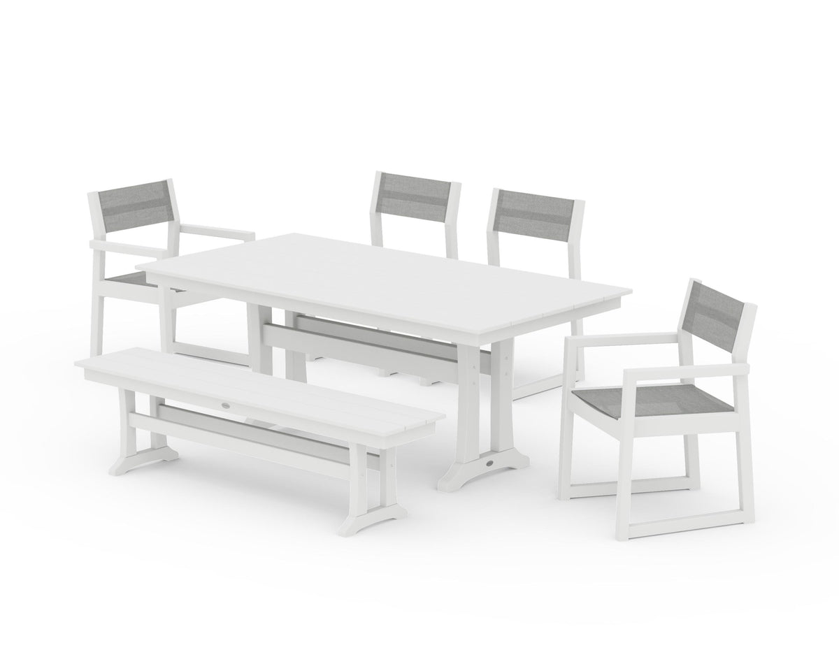 POLYWOOD EDGE Sling 6-Piece Farmhouse Dining Set With Trestle Legs in White / Metallic